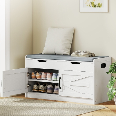 HOMCOM Shoe Storage Bench, Entryway Bench with 2-Tier Cabinet, Flip-Top Storage, Padded Cushion for Hallway, White