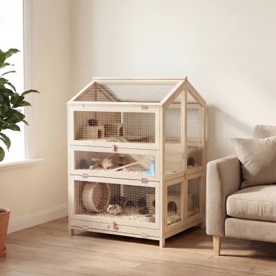 PawHut Wooden 3-Tier Hamster Cage w/ Pull-Out Tray & Hut