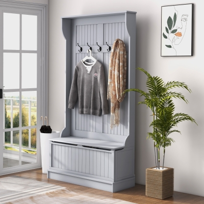 HOMCOM 4-In-1 Hall Tree with Coat Rack, Top Shelf, Shoe Storage and Bench Seat, Entryway Bench with 5 Hooks, Grey
