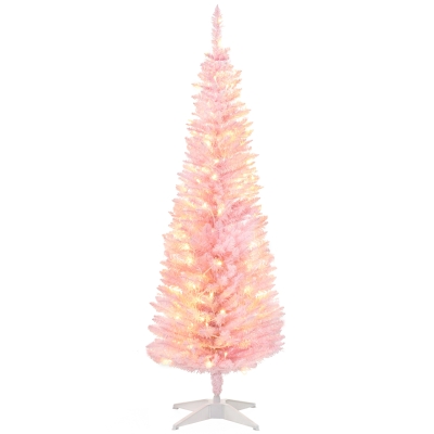 HOMCOM 5ft Slim Pink Christmas Tree with LED Lights & Realistic Branches