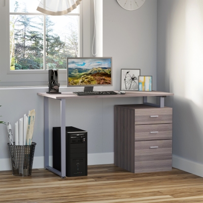 HOMCOM 47" Computer Desk Writing Table Workstation with Multi-Use Reversible 3 Drawers Metal Frame Home Office Furniture, Dark Wood Grain