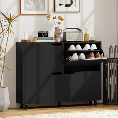 HOMCOM Narrow Shoe Cabinet, Shoe Storage Cabinet with 4 Flip Drawers and Adjustable Shelves for 16 Pairs of Shoes, Black