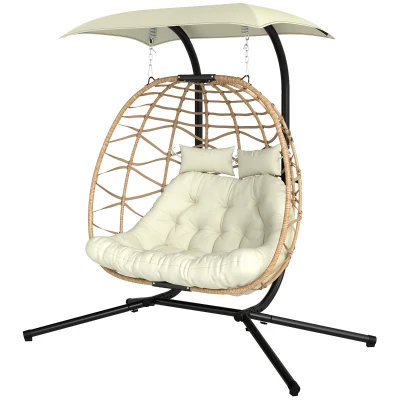 Outsunny Double Wicker Egg Swing Chair with Canopy, Foldable Hanging Egg Chair with Stand Cushion Headrest, Beige