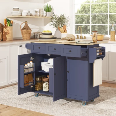 HOMCOM Rolling Kitchen Cart with Drop Leaf & Charging Station, Blue