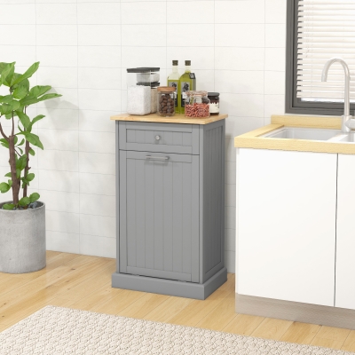 HOMCOM Kitchen Tilt Out Trash Bin Cabinet, Free Standing Recycling Cabinet, Trash Can Holder with Drawer, Grey