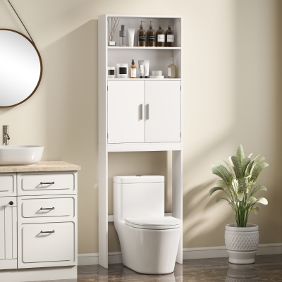 HOMCOM Over The Toilet Storage Shelf, Freestanding 4-Tier Bathroom Organizer with Adjustable Shelf and 2 Doors, White