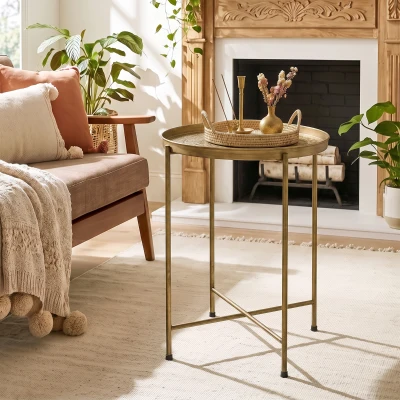 HOMCOM 18" Round Coffee Table with Hammered Metal Tray Top, Gold