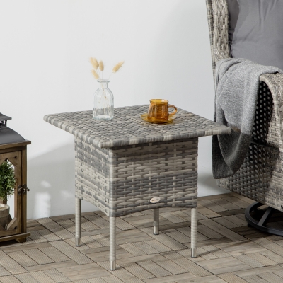 Outsunny 20" Patio Wicker Coffee Table, Outdoor Coffee Table with Plastic Board Underneath the Woven Tabletop for Patio, Garden, Balcony, Mixed Grey