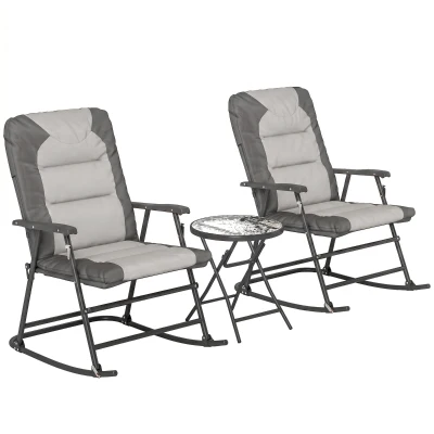 Outsunny 3-Piece Outdoor Foldable Rocking Chair Set, Light Grey