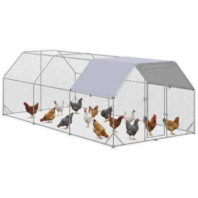 PawHut Chicken Run Outdoor, Galvanized Large Metal Chicken Coop Cage, Walk-in Enclosure Poultry Hen Run House Playpen Rabbit Hutch with Flat Roof, Cover, 9.2'x18.7'x6.5', Silver