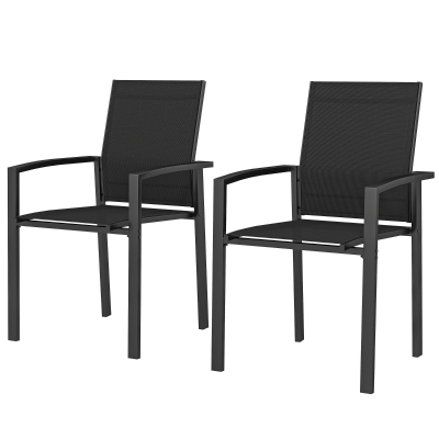 Outsunny Set of 2 Outdoor Garden Chairs, Stackable Patio Dining Chairs with Breathable Fabric, Armrests and Backrest, Black