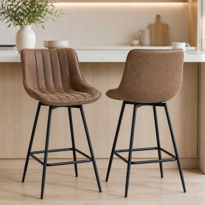 HOMCOM Set of 2 Counter Height Barstools, PU Leather Upholstered Bar Stools with Backrest, Footrest and Steel Legs, Brown