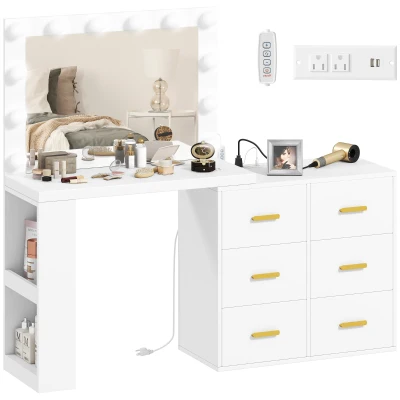 HOMCOM Vanity Desk with Mirror and 12 LED Lights, Makeup Table w/ Power Outlet, 3 Light Colour, 6 Drawers and 2 Shelves, White