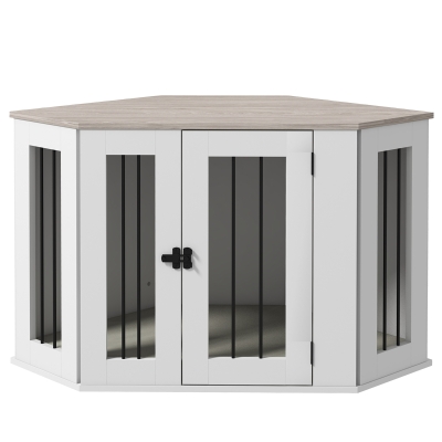PawHut Dog Crate Furniture with Cushion, 41 Inch Corner Design Dog Crate End Table for Medium Dogs, Multi Colour