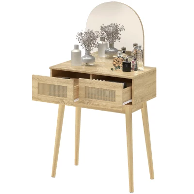 HOMCOM Vanity Desk, Makeup Vanity with with Mirror and 2 Drawers, Natural Wood