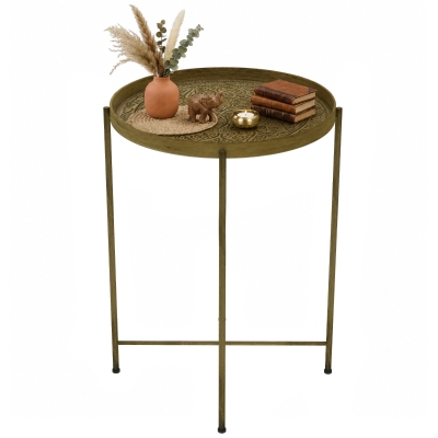HOMCOM 18" Round Coffee Table with Hammered Metal Tray Top, Gold