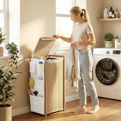 HOMCOM Bamboo Laundry Hamper with Removable Drawstring Bag and Side Storage Pockets, 20 Gal, Natural