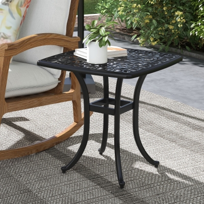 Outsunny 21" Square Outdoor End Table, Cast Aluminum Patio Side Table with Umbrella Hole for Garden, Balcony, Poolside, Black