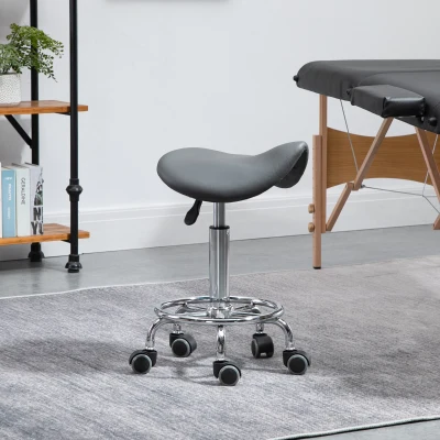 HOMCOM PU Leather Adjustable Rolling Saddle Stool with Wheels, Gray