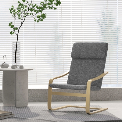 HOMCOM Modern Accent Chair, Linen-Feel Upholstered Living Room Chair with Wood Curved Legs for Balcony, Dark Grey