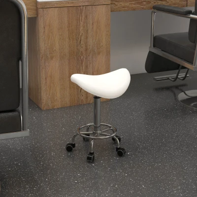 HOMCOM PU Leather Rolling Saddle Stool, Adjustable, White