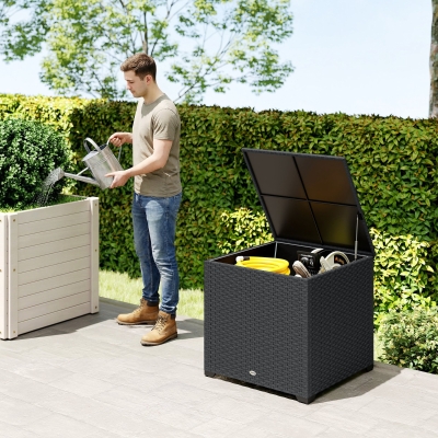 Outsunny 67 Gallon Rattan Deck Box, Wicker Outdoor Storage Box with Waterproof Zippered Liner, Safe Pneumatic Rod, Grey