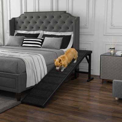 PawHut Pet Ramp Bed Steps for Dogs Cats Non-slip Carpet Top Platform Pine Wood 74"L x 16"W x 25"H Black
