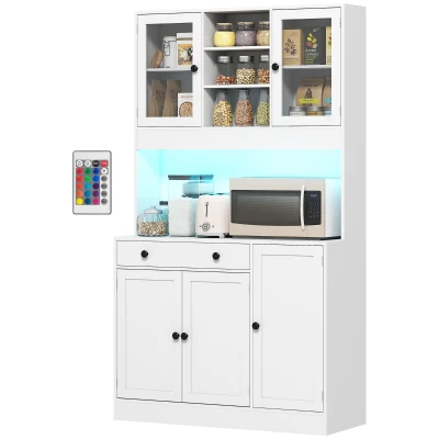 HOMCOM Tall Kitchen Pantry with LED Light, Freestanding Storage Cabinet with Hutch, Shelves, Drawer, Doors, White