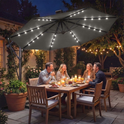 Outsunny 11.3 ft Cantilever Patio Umbrella with Light, Cover, Aluminium UPF50+ Offset Outdoor Umbrella Parasol, Dark Grey
