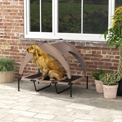 PawHut Raised Dog Bed Cooling Dog Cot w/ Canopy Washable Breathable Mesh, for Large Dogs, Coffee