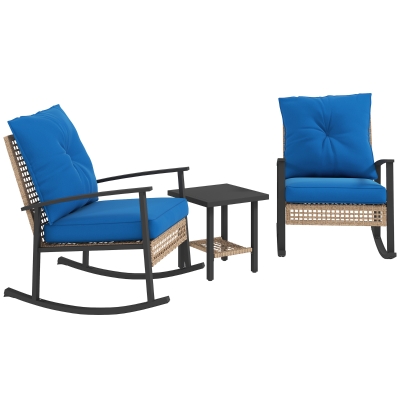 Outsunny 3 Pieces Bistro Set, Patio Wicker Furniture Set with Button Tufted Cushions, Rattan Rocking Chairs, Coffee Table, Blue
