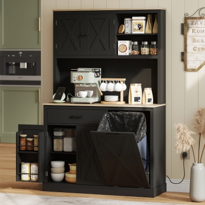 HOMCOM 69" Pantry Cabinet with Charging Station, Kitchen Cabinet with Microwave Stand, Tilt-Out Trash Can Cabinet, Black