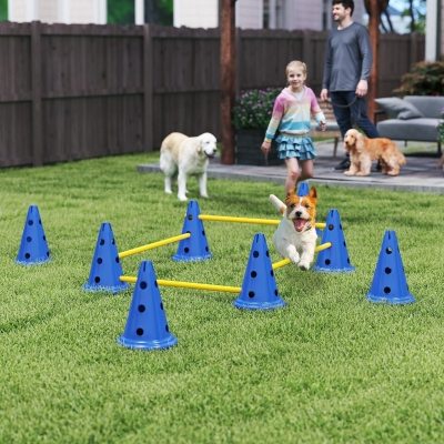 PawHut Dog Agility Hurdle Cone Set, Adjustable Obstacle Course Equipment with 8 Cones & 8 Poles, Carry Bag, Blue