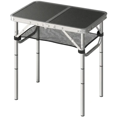 Outsunny 2ft Folding Camping Table, Picnic Table with Mesh Storage Layer, 4 Adjustable Heights and Carrying Handle, Black
