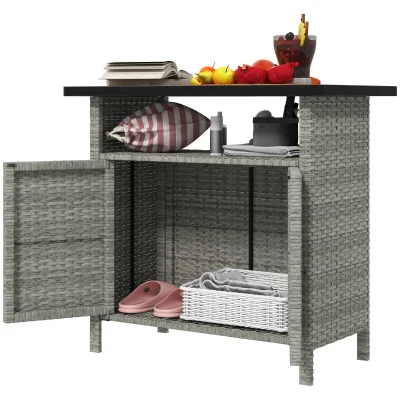 Outsunny Wicker Outdoor Storage Cabinet with Two Doors and Shelf for Outdoor Pool Towel Storage, Grey