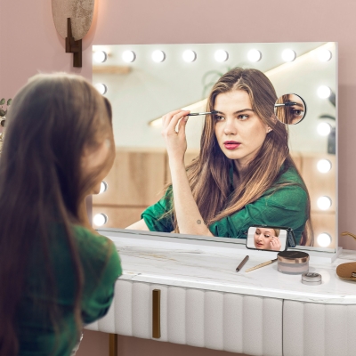 HOMCOM Hollywood Vanity Mirror with Lights, 31.5" x 24.4" Lighted Makeup Mirror with 3 Colour, 10X Magnifying, USB Port, White
