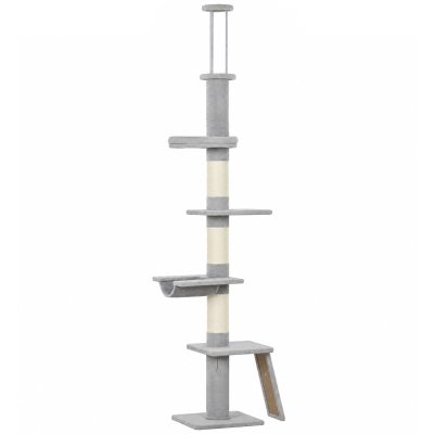 PawHut Adjustable Floor-to-Ceiling Cat Tree 5-Level Tower, Gray