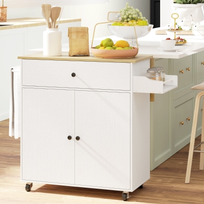 HOMCOM Rolling Kitchen Island with Drop Leaf, Kitchen Storage Cart with Drawer, Spice Rack and Towel Rack, White