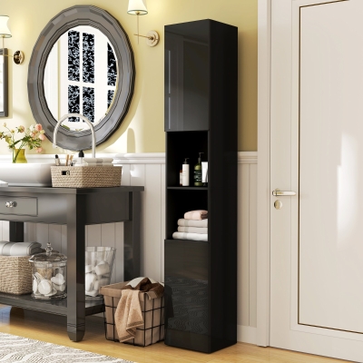 kleankin Tall Bathroom Cabinet, High Gloss Storage Cabinet with Doors and Adjustable Shelves, 11.8" x 11.8" x 71.5", Black