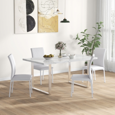 HOMCOM Modern Dining Chairs Set of 4, Upholstered Faux Leather Kitchen Chairs with Rhombic Tufting and Metal Legs for Living Room, White