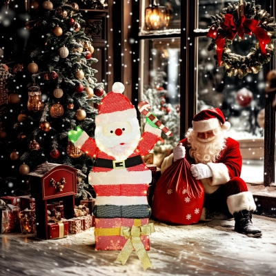 Outsunny 3ft Lighted Santa Claus, Light Up Christmas Decor with 97 LEDs, Stakes and Zip Ties, IP44 Waterproof for Indoor Outdoor