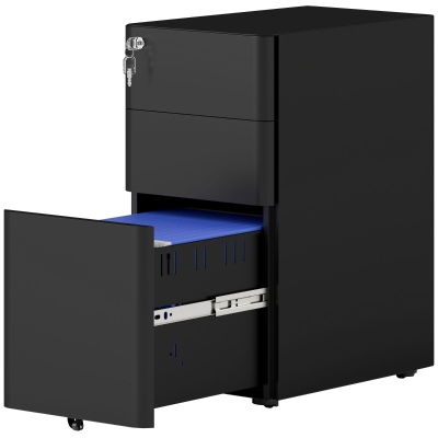 Vinsetto 3 Drawer Filing Cabinet, Lockable Steel Office Storage Cabinet with Hanging Bar for Letter, A4, Legal Files, Black