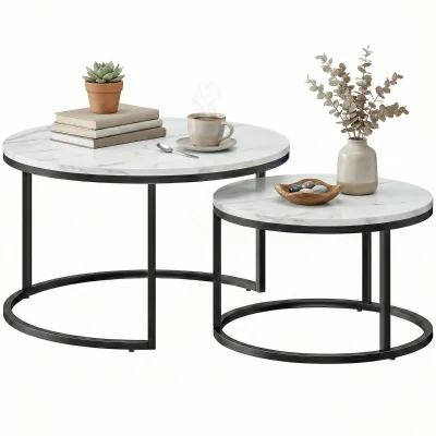 HOMCOM Modern Coffee Table Set of 2, Nesting Side Tables w/ Metal Base for Living Room Bedroom Office Marble White