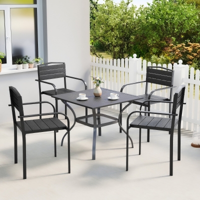 Outsunny Stackable Patio Chairs Set of 4, Outdoor Dining Chairs with Slatted HDPE Seat, Armrests for Garden, Backyard, Black