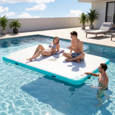 Outsunny 10' x 7' Water Floating Dock, Rafting Inflatable Island with Air Pump and Backpack for Pool, Beach, Ocean, Blue & Green