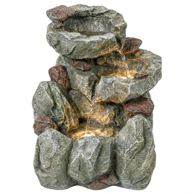Outsunny Outdoor Fountain with LED Lights Adjustable Flow Cascading Waterfall 3-Tier Rustic Rock Look Grey