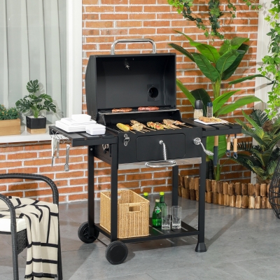 Outsunny Charcoal BBQ Grill Smoker with Adjustable Charcoal Pan and Galvanised Steel Shell, Barbecue Grill Trolley with Storage