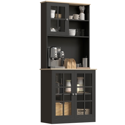 HOMCOM 72" Kitchen Pantry Cabinet, Black with Glass Doors