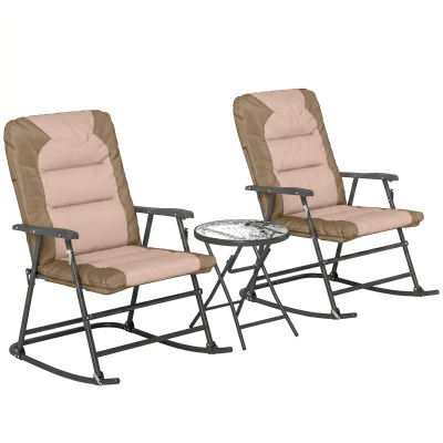 Outsunny 3-Piece Outdoor Foldable Rocking Chair Set, Light Brown
