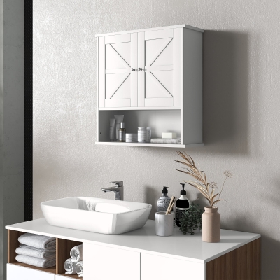 kleankin Farmhouse Bathroom Medicine Cabinet, Wall Cabinet with Barn Doors, and Adjustable Shelf for Laundry Room, White